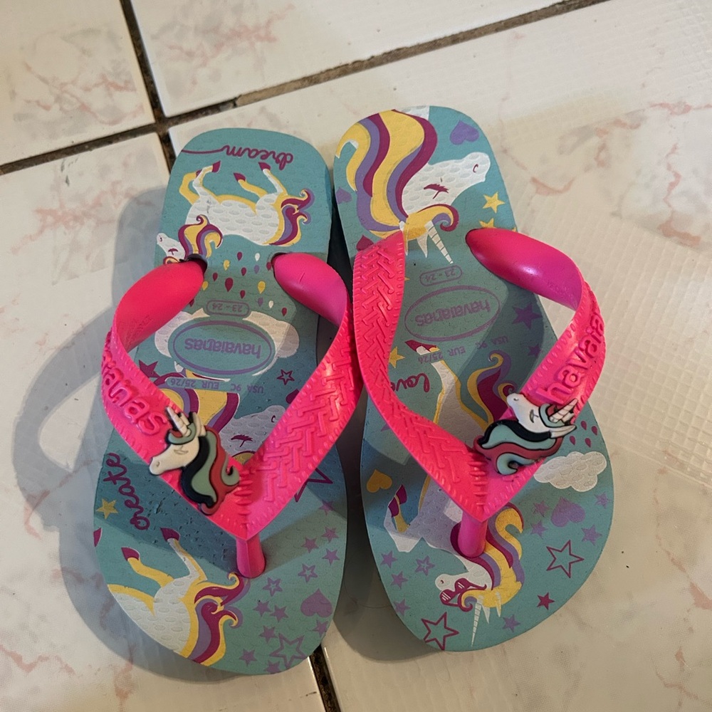 Havaianas Kids Teal Unicorn Flip Flops with Hot Pink Straps